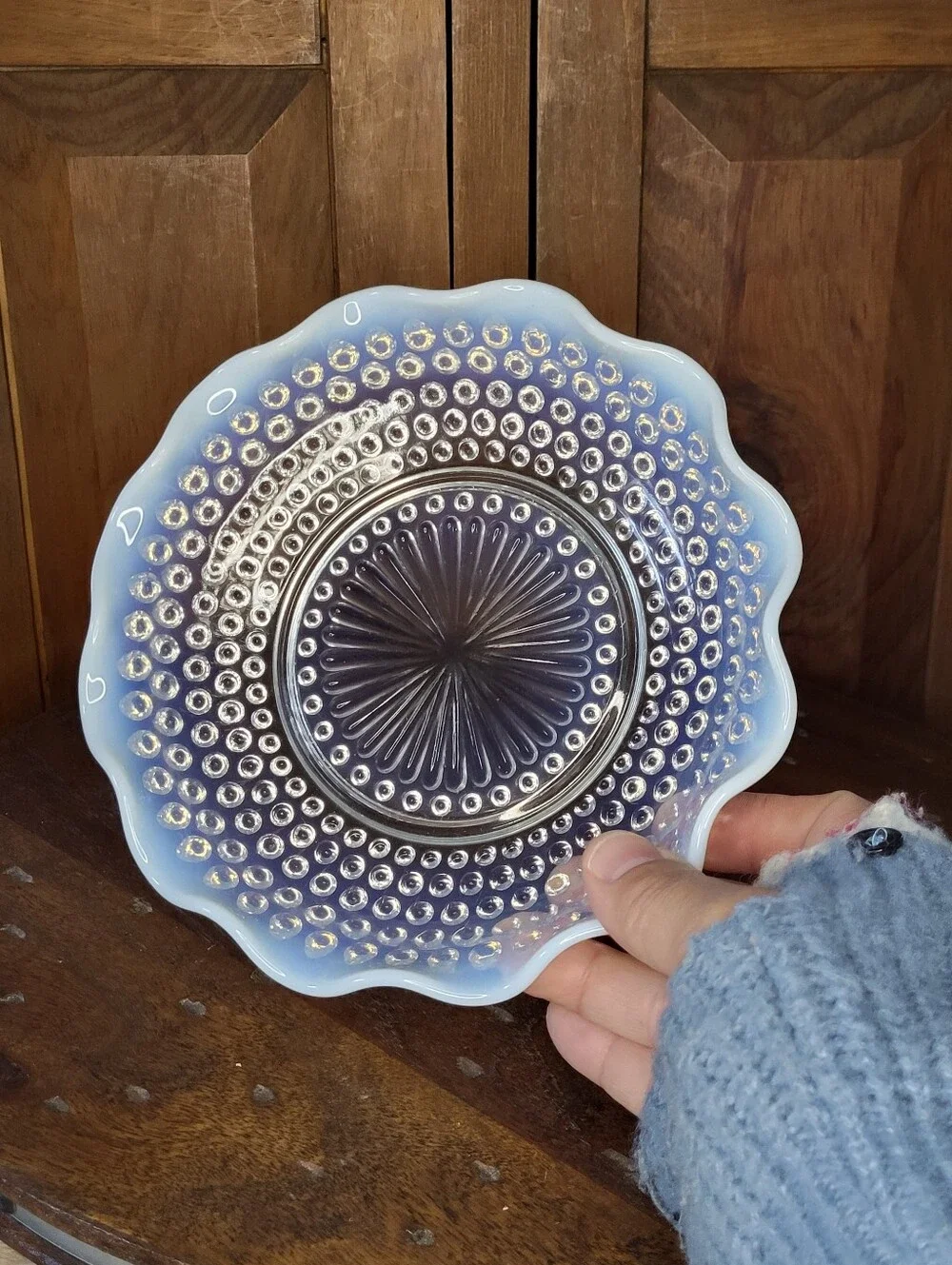 Opalescent Blue Hobnail Glass Dish